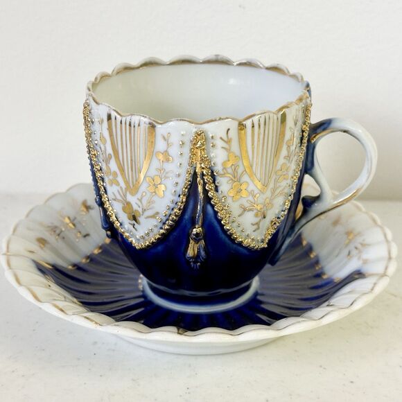 Rare 19th century Made In Germany Tea Cup & Saucer Set Cobalt Blue &‎ Gold Trim - Picture 1 of 11